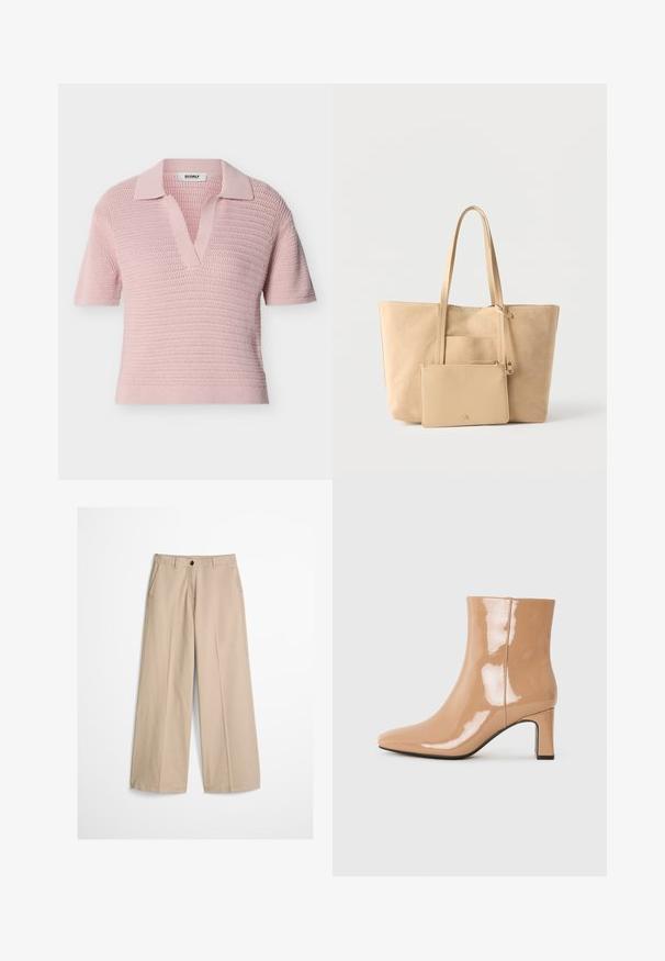 Hellrosa kurzärmliges Strick-Poloshirt mit strukturiertem Muster, offenem V-Ausschnitt und ECOALF Markenlabel innen am Kragen.; Beige Weithose mit vorderer Bügelfalte, Gürtelschlaufen, Knopfverschluss und einem kleinen Stoffetikett auf der rechten Seite des Bundes.; Nude-farbene Lack-Stiefeletten mit spitzem Zehenbereich, glänzender Oberfläche und mittelhohem Blockabsatz. Glatte Textur und schlanke Silhouette.; Beige Wildleder-Shopper mit langen Griffen und angebrachtem, passendem Reißverschluss-Beutel vor weißem Hintergrund.