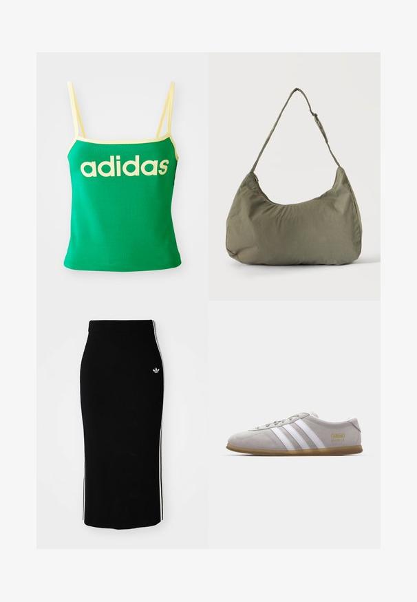 Top verde con detalles amarillos, hecho de material elástico. Presenta un gran logo de "adidas" amarillo en el frente y tirantes delgados.; Falda midi negra con diseño ajustado, que presenta franjas laterales blancas y un pequeño emblema blanco en el lado izquierdo.; Zapatilla de ante gris con rayas de cuero blanco y detalle del logo en dorado. Suela plana de goma, punta redondeada y diseño clásico de cierre con cordones.; Bolso de hombro de tela suave color verde oliva con cierre de cremallera y correa ajustable sobre un fondo liso y claro.