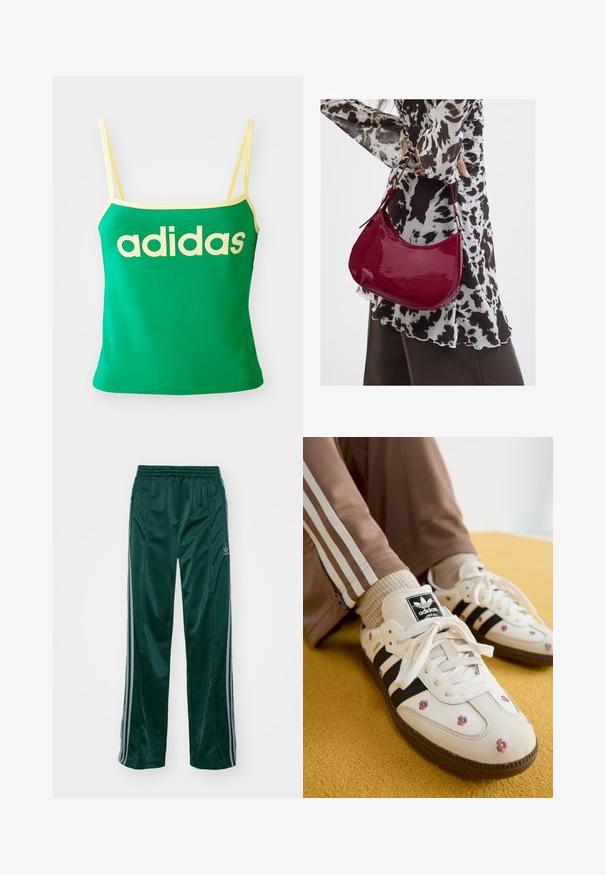 Top verde con detalles amarillos, hecho de material elástico. Presenta un gran logo de "adidas" amarillo en el frente y tirantes delgados.; Pantalones deportivos de color verde oscuro, hechos de un material brillante, con franjas laterales en gris claro y un logotipo bordado en la pierna izquierda.; Zapatillas de piel blanca con tres rayas negras y bordado floral en púrpura y amarillo. Suela de goma marrón. Combinadas con calcetines beige con canalé.; Mujer con blusa de estampado en blanco y negro sosteniendo un bolso de hombro rojo brillante sobre un fondo liso.
