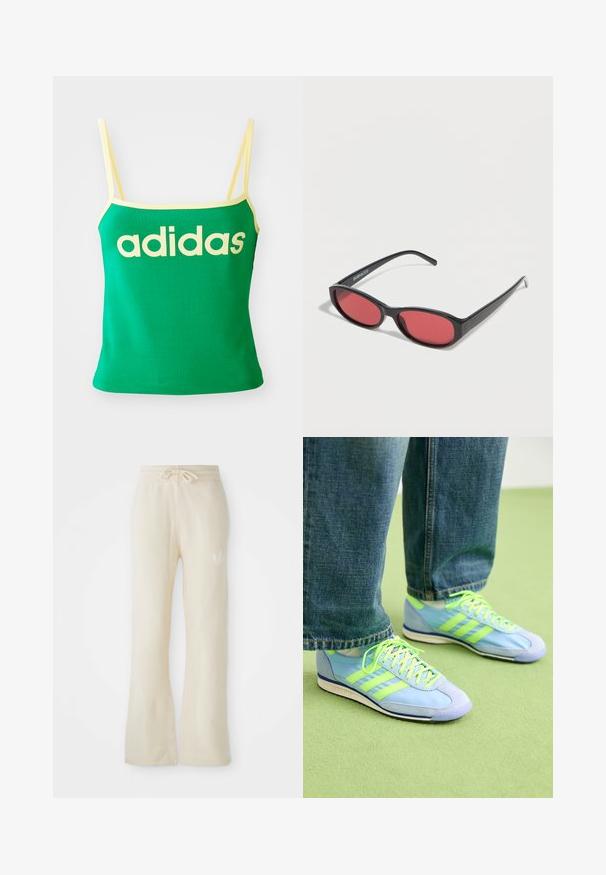 Grünes Tanktop mit gelben Akzenten, aus dehnbarem Material. Lieferumfang: großes gelbes "adidas"-Logo auf der Vorderseite und dünne Träger.; Cremefarbene Jogginghose aus einem weichen Material, mit einem Kordelzugbund und ausgestellten Beinen. Subtiles Logo-Detail an der linken Hüfte.; Hellblaue Sportschuhe mit grünen Akzenten, aus Wildleder und synthetischem Material, ausgestattet mit drei Streifen und einer strukturierten Sohle. Kombiniert mit lockeren Jeanshosen.; Schwarze ovale Sonnenbrille mit schlanken Bügeln und rot getönten Gläsern, die auf einer weißen Oberfläche liegt.