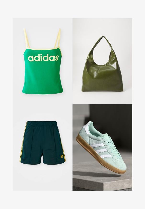 Grünes Tanktop mit gelben Akzenten, aus dehnbarem Material. Lieferumfang: großes gelbes "adidas"-Logo auf der Vorderseite und dünne Träger.; Dunkelgrüne Sportshorts mit einem elastischen Bund, ausgestattet mit gelben Seitenstreifen und einem gestickten gelben Logo am Unterschenkel.; Adidas Gazelle Sneaker aus mintgrünem Wildleder mit weißen Akzenten, Schnürverschluss und einer Sohle aus Gummi. Mit drei weißen Streifen.; Grüne Leder-Hobo-Tasche mit einem lässigen Design, gebogenem Griff und glatter Textur. Enthält keine sichtbaren Beschläge oder Akzente.