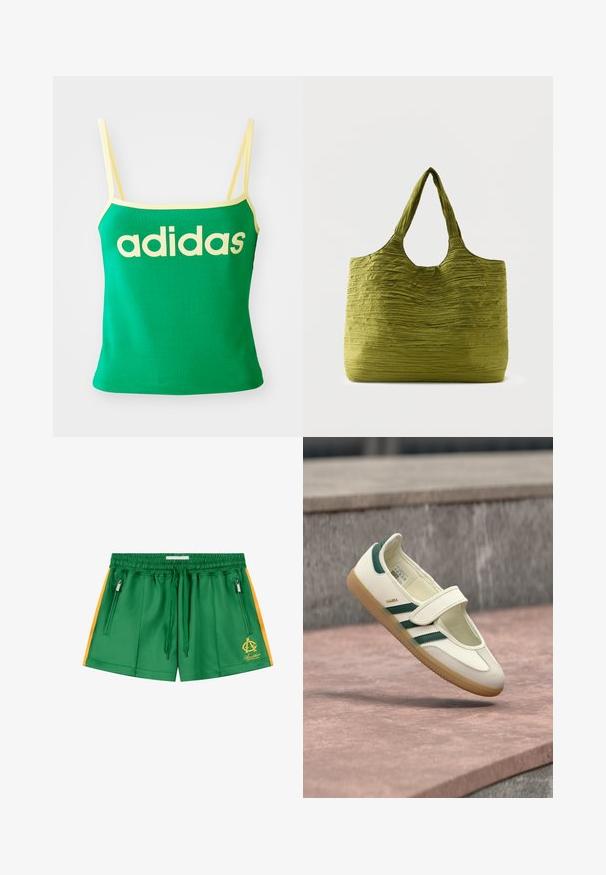Débardeur vert avec des accents jaunes, fabriqué dans un matériau extensible. Présente un grand logo "adidas" jaune sur le devant et des bretelles fines.; Shorts de sport verts avec des bandes jaunes sur les côtés, taille élastique avec cordon, poches zippées et un logo jaune sur la jambe gauche.; Chaussure en cuir blanc avec des rayures vertes, bout rond, fixée par une bride. Semelle en gomme, design minimaliste, surpiqûres en relief le long des bords supérieurs.; Sac fourre-tout vert avec un tissu texturé et froissé et de larges poignées, présenté sur un fond clair uni.