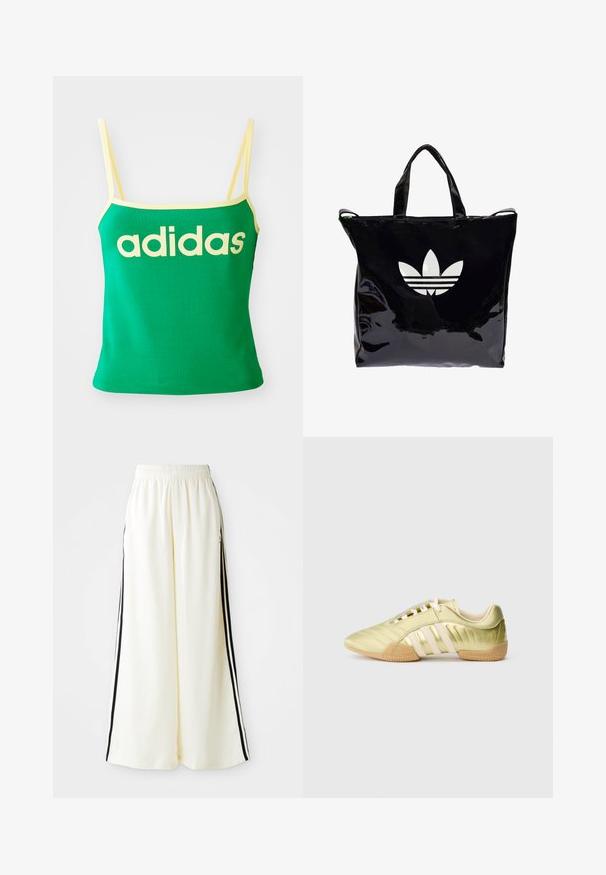 Top verde con detalles amarillos, hecho de material elástico. Presenta un gran logo de "adidas" amarillo en el frente y tirantes delgados.; Pantalones anchos blancos con cintura elástica y rayas verticales negras a lo largo de las costuras exteriores.; Zapatilla deportiva sintética de color verde lima con una textura suave, que presenta tres franjas blancas, un forro interior suave y una suela exterior de goma texturizada.; Bolso tote negro de charol con dos asas, que presenta un gran logo blanco de Adidas y tres franjas horizontales en la parte frontal.