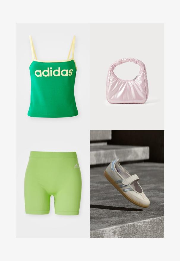Vihreä tankkitoppi keltaisilla yksityiskohdilla, valmistettu joustavasta materiaalista. Edessä on suuri keltainen "adidas"-logo ja ohuet olkaimet.; Vihreät urheilushortsit, jotka on valmistettu joustavasta kankaasta, jossa on keskikorkea vyötärö ja Adidas-logo etupuolella oikealla puolella.; Beigenvärinen kangaskenkä, jossa on joustava hihna, teksturoidulla päällisellä, hopea- ja sinisin yksityiskohdin sekä kumipohja, esitetty harmaata taustaa vasten.; Vaaleanpunainen, pehmustettu käsilaukku, jossa on pyöristetty muotoilu ja joka on valmistettu kiiltävästä materiaalista. Siinä on rypistetty kahva ja vetoketjukiinnitys turvallista pääsyä varten.