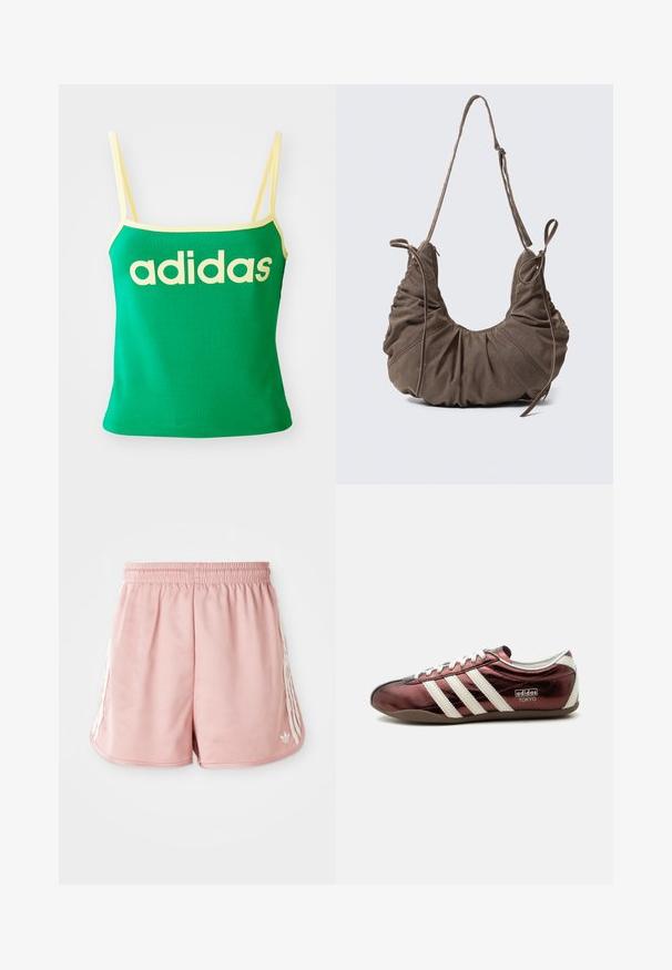 Top verde con detalles amarillos, hecho de material elástico. Presenta un gran logo de "adidas" amarillo en el frente y tirantes delgados.; Shorts deportivos rosas con cintura elástica, detalle de una franja blanca en los lados y un pequeño logo en la parte inferior izquierda delantera. Textura de tela suave.; Zapatilla Adidas burdeos metálico de perfil bajo con rayas blancas, cordones y marca "Adidas Tokyo" en el lateral.; Bolso bandolera de ante marrón con detalles fruncidos, correa ajustable y lazos decorativos laterales, mostrado sobre un fondo neutro.