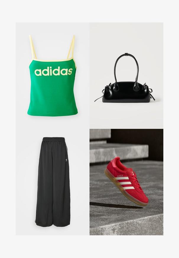 Groene tanktop met gele accenten, gemaakt van rekbaar materiaal. Heeft een groot geel "adidas" logo over de voorkant en dunne banden.; Zwarte, loszittende trainingsbroek van gladde stof. Voorzien van een elastische tailleband en zijstrepen met logo-accenten.; Rode suède sneaker met witte strepen, platte rubberen zool en geribbelde hiel. Voorzien van "Gazelle" branding aan de zijkant en een afgeronde neus.; Kleine zwarte glanzende handtas met twee lange hengsels en zijkant trekkoord details op een effen lichte achtergrond.