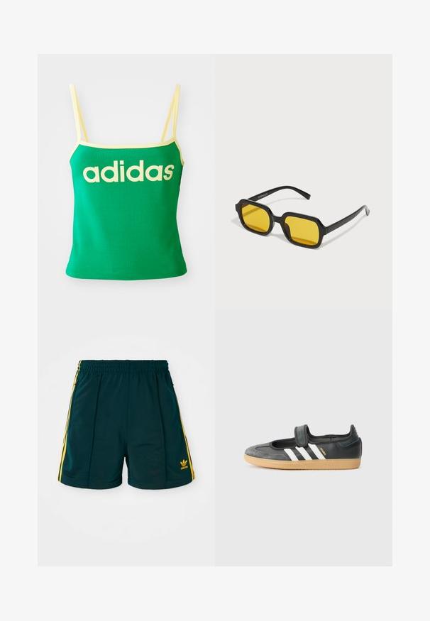 Groene tanktop met gele accenten, gemaakt van rekbaar materiaal. Heeft een groot geel "adidas" logo over de voorkant en dunne banden.; Donkergroene sportshorts met een elastische tailleband, voorzien van gele zijstrepen en een geborduurd geel logo op het onderbeen.; Zwarte leren en suède sneaker met een klittenbandsluiting, voorzien van drie witte strepen en een gumzool, met de naam "SAMBA" aan de zijkant.; Zwarte rechthoekige zonnebril met gele lenzen. Kenmerken zijn onder andere dikke monturen en een hoekig ontwerp met een gladde, glanzende afwerking.