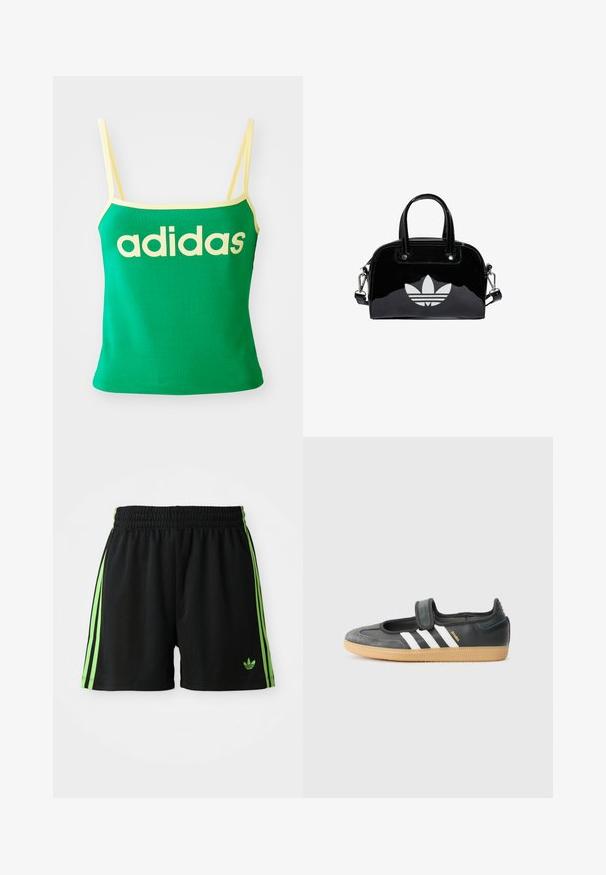 Grünes Tanktop mit gelben Akzenten, aus dehnbarem Material. Lieferumfang: großes gelbes "adidas"-Logo auf der Vorderseite und dünne Träger.; Schwarze Sportshorts mit einem Kordelzugbund, die auf jeder Seite drei vertikale grüne Streifen und das grüne Adidas-Logo aufweisen.; Schwarze Leder- und Wildledersneaker mit einem Klettverschluss, ausgestattet mit drei weißen Streifen und einer Gummisohle, beschriftet mit "SAMBA" an der Seite.; Schwarze Handtasche aus Lackleder mit abgerundeter Form, doppelten Tragegriffen, silbernen Akzenten und einem auffälligen weißen Logo auf der Vorderseite.