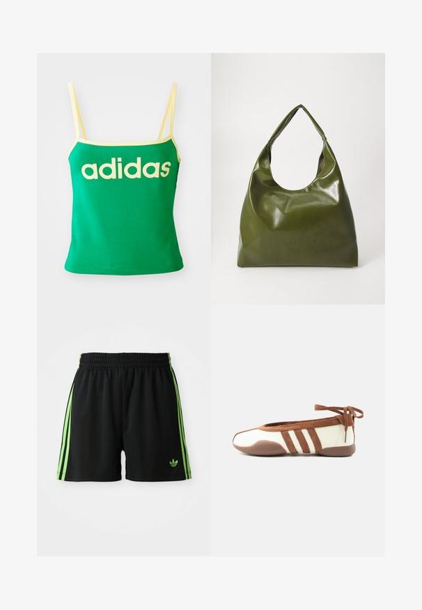 Grünes Tanktop mit gelben Akzenten, aus dehnbarem Material. Lieferumfang: großes gelbes "adidas"-Logo auf der Vorderseite und dünne Träger.; Schwarze Sportshorts mit einem Kordelzugbund, die auf jeder Seite drei vertikale grüne Streifen und das grüne Adidas-Logo aufweisen.; Schlanker beiger und brauner Ballerinaschuh mit rundem Zehenbereich, drei seitlichen Streifen, weicher Sohle und Knöchelbandverschluss vor weißem Hintergrund.; Grüne Leder-Hobo-Tasche mit einem lässigen Design, gebogenem Griff und glatter Textur. Enthält keine sichtbaren Beschläge oder Akzente.