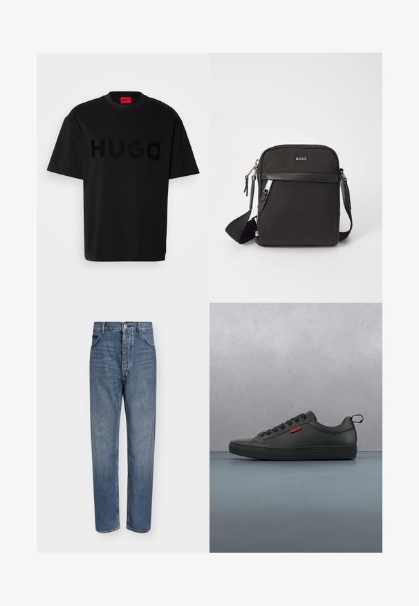 Schwarzes Baumwoll-T-Shirt mit kurzärmeligen, Rundhalsausschnitt, das ein großes, glänzendes schwarzes "HUGO"-Logo auf der Vorderseite trägt. Glatte Textur.; Gerade geschnittene blaue Jeans aus Denim mit hoher Taille, Frontknopfverschluss und Fünf-Taschen-Design auf einem schlichten hellen Hintergrund.; Schwarze Low-Top-Sneaker aus glattem Material, mit runder Zehenpartie, Schnürsenkeln, einer strukturierten Sohle und einem kleinen roten Logo.; Schwarze Umhängetasche aus strukturiertem Stoff, mit Logo auf der Vorderseite, Reißverschluss und verstellbarem Tragegurt. Verfügt über eine glatte Lederbesatz.