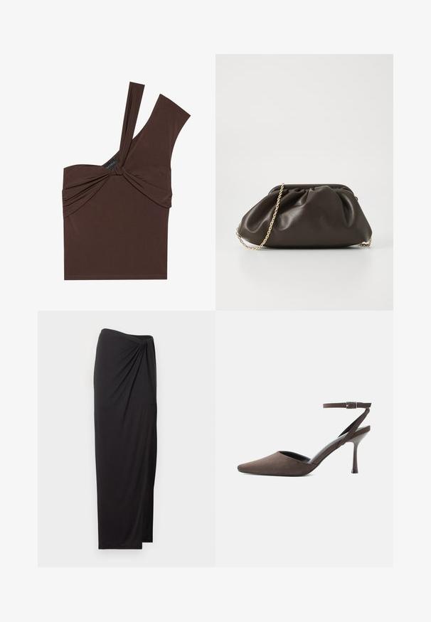 Haut sans manches marron avec un design à une épaule, mettant en avant un devant noué et une texture de tissu drapé. Fabriqué en matériau extensible.; Jupe longue taille haute noire avec détail drapé sur un côté et une fente latérale, en tissu léger.; Chaussure à talon haut en daim marron à bout pointu, avec une fine bride de cheville et une boucle argentée sur fond blanc.; Sac à main en cuir marron avec un design froncé, une bandoulière en chaîne dorée et une finition douce et texturée. Sa forme compacte est idéale pour une utilisation en soirée.