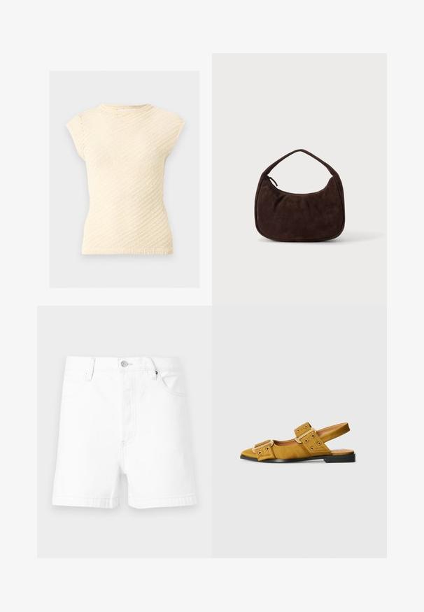 Gebreide mouwloze top in crèmekleur met ronde hals en een gestructureerd diagonaal breipatroon.; Witte denim shorts met voorzakken, ceintuurlussen en een metalen knoopsluiting op een effen achtergrond.; Geel suède slingback schoen met twee grote gespen, ronde neus, lage hak en zwarte zool. Bevat perforaties op de banden.; Donkerbruine suède handtas met een korte riem en afgeronde rechthoekige vorm op een effen lichte achtergrond.