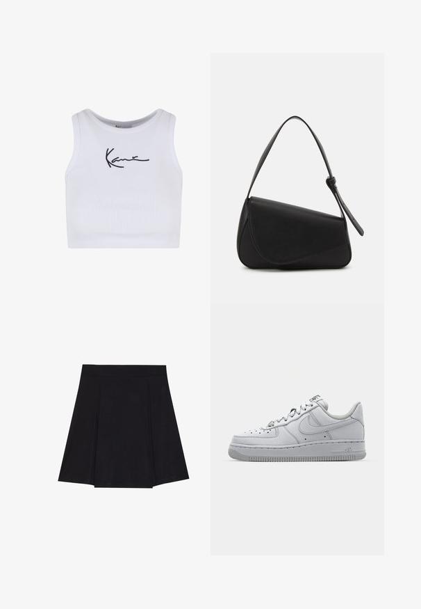 Hvid ribstrikket cropped top med rund halsudskæring og sort broderet logo foran. Tætsiddende pasform, der sidder tæt til kroppen.; Sort skater nederdel lavet af blødt stof, med en tætsiddende talje, plisseringer foran og en vidde, knælang kant.; Hvid lædersneaker med lavt design, rund tå, perforerede detaljer og en tekstureret gummisål. Har grå accenter på tungen.; Sort læderhåndtaske med en triangular form, skrå klap og et rundt håndtag. Har en glat overflade og minimalistiske design detaljer.