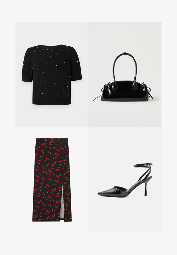 Pull noir à manches courtes avec un col rond et des accents en perles blanches dispersées sur le devant. Tissu tricoté avec une texture lisse.; Jupe noire avec un motif de cerises comprenant des cerises rouges et des feuilles vertes. Inclut une fente latérale pour un détail de design supplémentaire.; Escarpin noir à bout pointu avec fines brides de cheville et fermeture à boucle argentée sur fond clair uni.; Petit sac à main noir brillant avec deux longues anses et des détails à cordon sur les côtés sur un fond clair uni.
