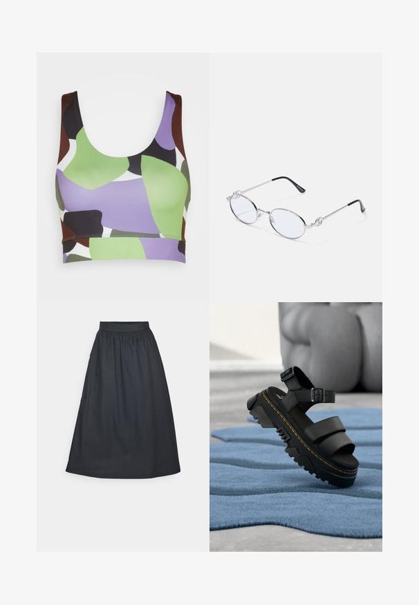 Monki Topp - multicoloured; Mustast keskmise pikkusega seelik kummipaelaga, valmistatud kergest kangast, ümarate voldikute ja sileda tekstuuriga.; Must platvormsandaal paksu taldiga, reguleeritava pahkluu rihmaga ja kollase õmblusega, mis on asetatud sinisele tekstureeritud kangale.; Hõbedased ovaalsed prilliraamid selgete läätsedega, millel on dekoratiivsed külgaktsendid ja mustad otsad templites, et tagada paremat haardumist ja mugavust.