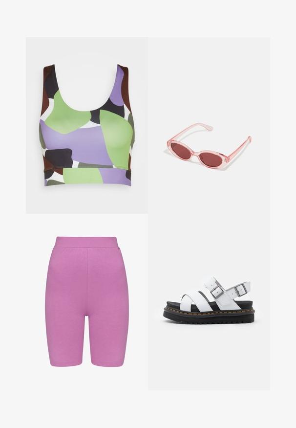 Monki Débardeur - multicoloured; Shorts roses avec une taille élastique, coupe au genou et texture lisse. Pas de coutures visibles ni de poches.; Sandales en cuir blanc avec des sangles réglables à boucle, semelle en noir superposée et détail de couture orange le long du bord.; Lunettes de soleil transparentes roses avec des verres ovales, teintés d'un rouge foncé, et des branches fines, présentant une finition lisse et des détails subtils sur la monture.