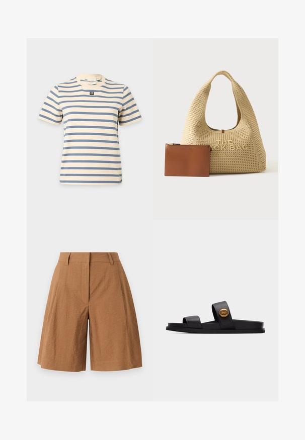 Kortærmet creme T-shirt med vandrette blå striber og et lille sort-hvidt firkantet logo midt på brystet.; Brune højtaljede knælange shorts med bæltestropper, frontplisser og skjult frontlynlås på lys baggrund.; Sort sandals med to brede stropper, hvoraf den ene har et rundt guldemblem, flad sål, isoleret på lys grå baggrund.; Beige flettet Marc Jacobs håndtaske med stort håndtag og præget mærkenavn, ved siden af en lille brun læder lynlåslomme.