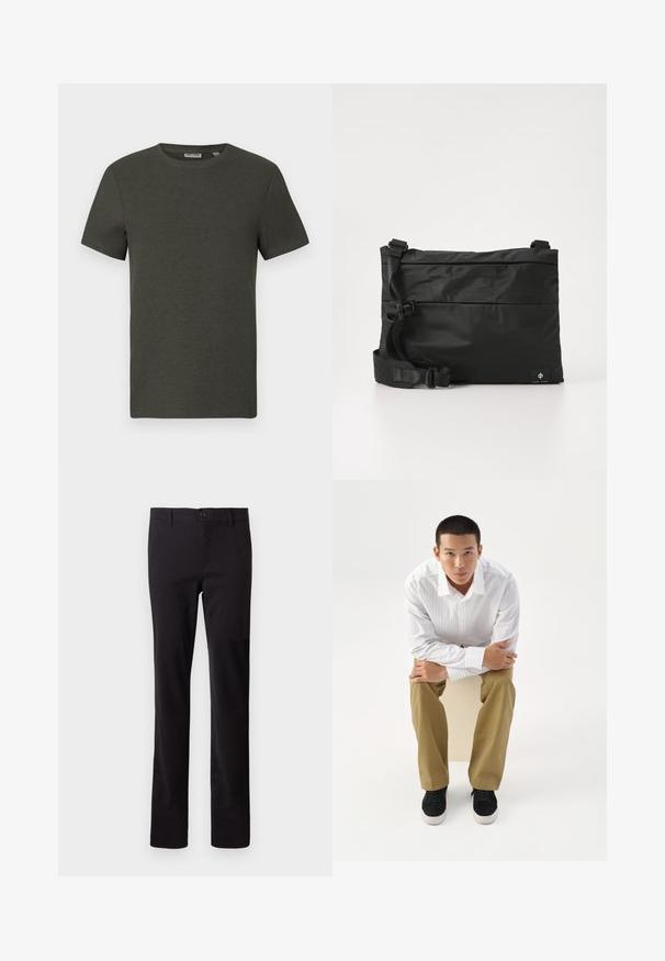 Donkergroene t-shirt met korte mouwen en een ronde halslijn, gemaakt van ribbelmateriaal; heeft een eenvoudig, minimalistisch ontwerp zonder patronen.; Zwarte broek gemaakt van een katoenmix; heeft een recht model en een sluiting met een knoop aan de voorkant. Geen patronen of versieringen zichtbaar.; Jonge man in wit gestreept overhemd en kaki broek, voorover zittend op een kruk met gekruiste armen, kijkt recht vooruit op een witte achtergrond.; Zwarte nylon boodschappentas met verstelbare riem, plat ontwerp en een zijlabel met een logo. Soepele textuur en minimalistische stijl.