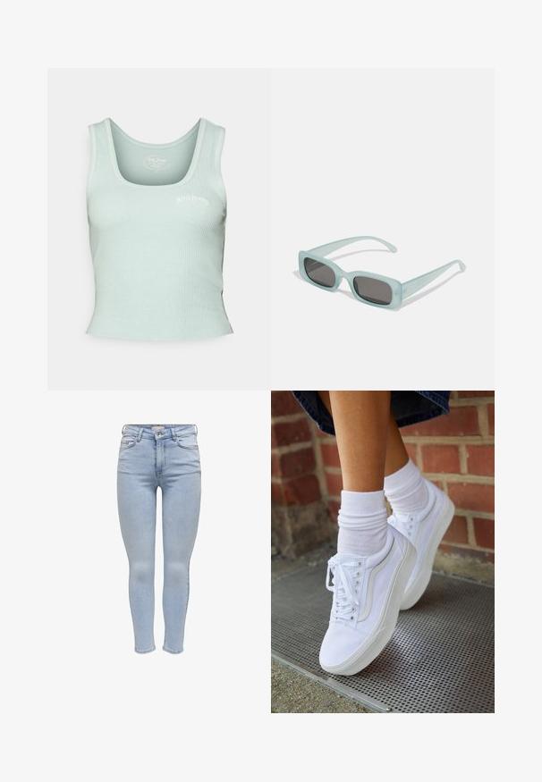 BDG Urban Outfitters SCOOP CONSTITCH VEST - Top - sterling blue; Svetlo modré úzke džínsy vyrobené z denimu, s nezapínaním na zips, piatimi vreckami a hladkou textúrou s minimálnym vyblednutím.; Biele plátené tenisky s gumovou podrážkou, s piatimi dierkami na šnúrky, okrúhlou špičkou a svetlými švami, doplnené o biele členkové ponožky.; Párik obdĺžnikových slnečných okuliarov s svetlomodrými priehľadnými rámami a tmavosivými sklami, s rovnými stranami a minimálnymi hardvérovými detailmi.