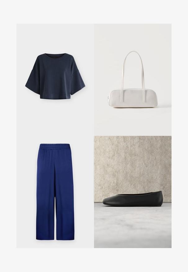 Dunkelblaues oversized Kurzarm-Top mit breiten Ärmeln und rundem Ausschnitt, vor einem einfarbigen hellen Hintergrund dargestellt.; Marineblaue weite Hose mit elastischem Bund, aus glattem Stoff gefertigt, mit einem schlichten und funktionalen Design ohne sichtbare Muster.; Schwarze Leder-Ballerinas mit runder Zehenpartie, glatter Textur und einem goldenen Logo-Akzent an der Seite. Positioniert über einer reflektierenden Oberfläche.; Weiße rechteckige Schultertasche mit langen dünnen Trägern, minimalen Nähten und Reißverschlussverschluss vor einem schlichten Hintergrund.
