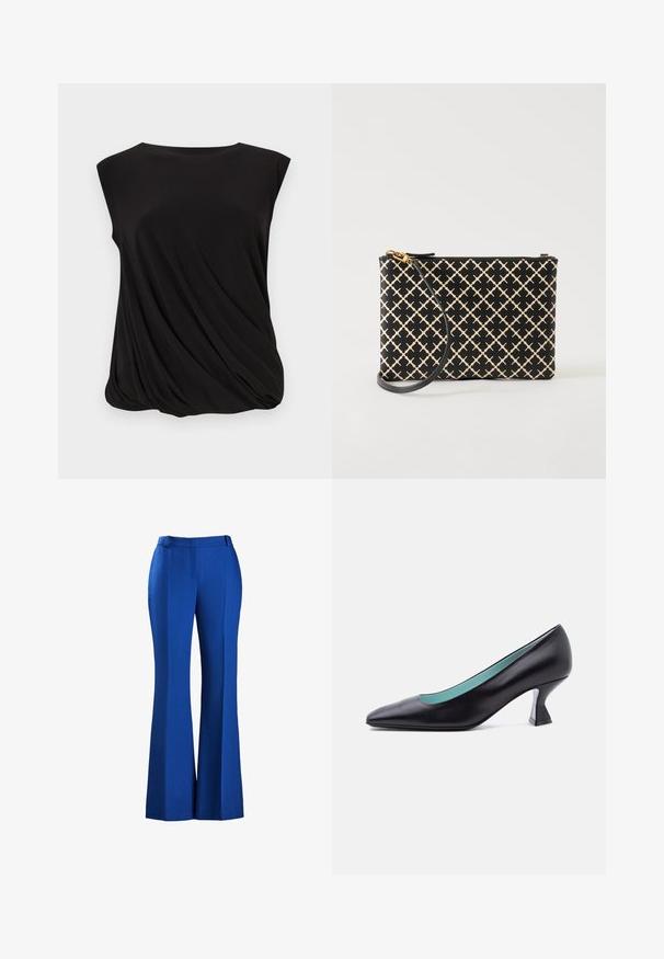 Top negro sin mangas con escote barco y detalle de tela fruncida y drapeada en el dobladillo inferior.; Pantalones azules acampanados hechos de tejido texturizado, con una cintura ajustada y detalle de plisado en la parte delantera, adecuados para ocasiones formales o informales.; Zapato de tacón bajo de cuero negro con punta puntiaguda, tacón grueso de forma única y forro interior azul claro, mostrado sobre un fondo blanco liso.; Bolso de mano tipo wristlet con estampado en negro y beige, cierre dorado y correa negra desmontable, presentado sobre fondo blanco.