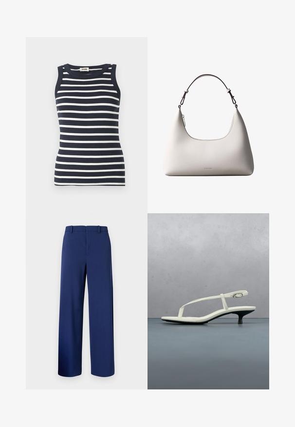 Top sin mangas de rayas en azul marino y blanco, hecho de tela acanalada, con un escote redondo.; Pantalones ajustados de color azul marino, confeccionados en una tela suave, con un diseño de pierna recta, trabillas para cinturón y un cierre frontal con cremallera y gancho.; Sandalia blanca de tacón kitten con tiras y punta afilada, flotando sobre un suelo de baldosas de madera al aire libre, con un fondo desenfocado de plantas y pared.; Bolso de hombro de cuero color crema de Calvin Klein con borde superior curvado, cremallera plateada y correa ajustable marrón oscuro.