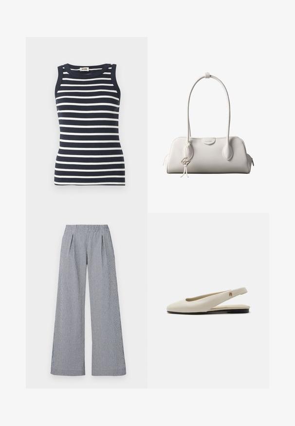Top sin mangas de rayas en azul marino y blanco, hecho de tela acanalada, con un escote redondo.; Pantalones de pierna ancha en tejido a rayas navy y blanco. Cuentan con una cinturilla elástica y dos pliegues frontales para un detalle adicional.; Zapato plano slingback de cuero color crema con puntera redondeada y pequeño emblema dorado en la correa.; Bolso de hombro blanco de Calvin Klein con asas largas, forma rectangular, cierre de cremallera y charm decorativo con el logo colgando cerca del asa.