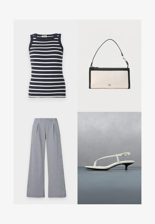 Top sin mangas de rayas en azul marino y blanco, hecho de tela acanalada, con un escote redondo.; Pantalones de pierna ancha en tejido a rayas navy y blanco. Cuentan con una cinturilla elástica y dos pliegues frontales para un detalle adicional.; Sandalia blanca de tacón kitten con tiras y punta afilada, flotando sobre un suelo de baldosas de madera al aire libre, con un fondo desenfocado de plantas y pared.; Clutch rectangular crema con ribete y asa negros, con un pequeño logo "cK" plateado en el centro delantero.