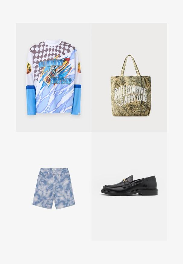 Langärmliges Hemd mit dem Schriftzug "Billionaire Boys Club", karierter Musterung im oberen Bereich, blau-weißem abstraktem Design und Astronautenhelm-Aufnähern an den Ärmeln.; Hellblaue Jeansshorts mit Wolkenmuster. Aus Baumwolle gefertigt, verfügen sie über ein klassisches Fünf-Taschen-Design und einen Knopfverschluss.; Schwarze Lederleter mit einer abgerundeten Zehenpartie, ausgestattet mit goldenen Hardwareakzenten und Stichdetails, auf einer niedrigen, strukturierten Gummisohle.; Tasche mit Camouflage-Muster aus strukturiertem Stoff mit zwei Griffen. Auf einer Seite befindet sich ein auffälliges weißes Logo.