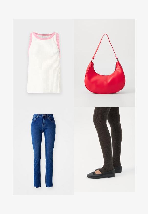 Top sin mangas de color blanco con un diseño acanalado y acentos de punto rosa en el escote y en las sisas. Presenta una forma cuadrada y una textura en la tela.; Jeans de mezclilla azul con un corte ajustado, cintura alta, piernas rectas y detalles cosidos. Cuenta con un cierre de botón y cremallera. Sin adornos adicionales.; Piernas con leggings oscuros acanalados combinados con bailarinas negras que presentan pequeños detalles de lazo sobre un fondo blanco.; Bolso de hombro de piel sintética roja con forma curvada, correa delgada y cierre de cremallera. Textura suave con detalles de costura visibles.