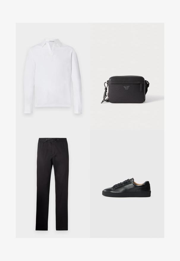 Hvid langærmet polo shirt med spidse krave og delvis knaplukning. Blødt bomuldsstof med en ensfarvet struktur. Ingen synlige detaljer.; Sorte bukser med elastisk talje og snor. Har en glat tekstur og lige ben-design. Minimalistisk stil uden mønstre.; Sorte lædersneakers med en glat overflade, rund tå og snørebåndslukning. Har en tyk gummisål og minimal branddetalje.; Sort tekstil crossover-taske med lynlåslukning, der har en frontlomme, logo-detalje og justerbar rem. Tekstureret overflade, rektangulær form.