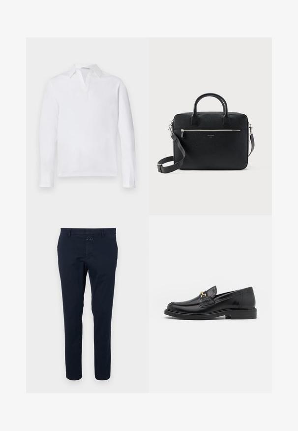 Witte lange mouwen polo met een puntige kraag en gedeeltelijke knoopsluiting. Zachte katoenen stof met een effen textuur. Geen zichtbare accenten.; Marineblauwe katoenen chinos met een slim fit, rechte voorkant en een ritsgulp. Voorzien van zijzakken en een achterzak met een klein merketiket.; Zwarte leren instappers met een ronde neus, voorzien van een gouden hardware accent en stikdetails, geplaatst op een lage, getextureerde rubberen zool.; Zwart gestructureerde rechthoekige leren aktetas met dubbele handvatten, voorvak met rits en verstelbare schouderriem, weergegeven op witte achtergrond.