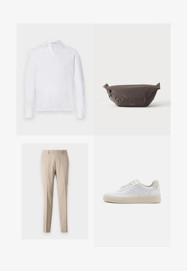 Hvid langærmet polo shirt med spidse krave og delvis knaplukning. Blødt bomuldsstof med en ensfarvet struktur. Ingen synlige detaljer.; Beige tapered bukser lavet af letvægtsstof, med forreste folder, to sidelommer og en glat tekstur.; Hvide sneakers med en glat læderoverdel, beige snørebånd og en tekstureret beige ruskindsheel-tab. Hævet sål for ekstra højde.; Mørkebrun stof talje taske med diagonalt lynlåslomme og lille hvidt logo på fronten, sat mod en ensfarvet lys baggrund.