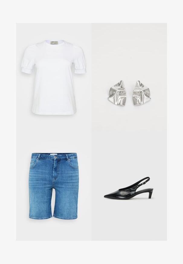 Hvid kortærmet t-shirt lavet af bomuld, med rund halsudskæring og pufærmer med elastiske manchetter. Simpelt og klassisk design.; Denim shorts i mellemblå farve, med lige snit, fem-lomme design og knaplukning. Blød tekstur, rene kantede kanter.; Sort læder slingback hæl med spidse tæer, lav kitten hæl og justerbar spænde-bånd. Glat tekstur med minimal dekor.; Sølvmetal øreringe med et bølgende, skulpturelt design, der har en poleret overflade og uregelmæssige former, hvilket fremhæver en moderne æstetik.