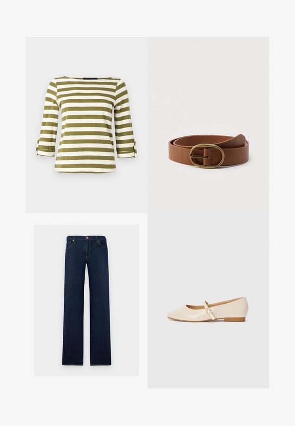 Stripet top i olivengrøn og hvid, med trekvartlange ærmer med opkrolningsstropper og bådudskæring. Glat, blød stofstruktur.; Mørkeblå straight-leg denim jeans med fem lommer og knaplukning i taljen.; Beige patentlæder balletflade med firkantet tå, lille hæl og justerbar ankelrem med guldspænde accent.; Brunt læderbælte sammenrullet med en oval messing spænde, vist på en ensfarvet hvid baggrund.