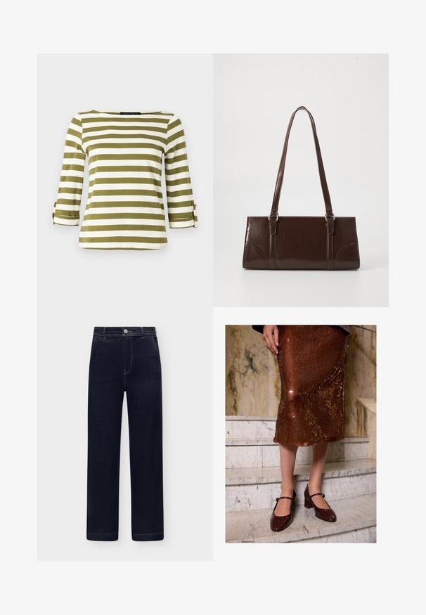Stripet top i olivengrøn og hvid, med trekvartlange ærmer med opkrolningsstropper og bådudskæring. Glat, blød stofstruktur.; Mørkeblå denimjeans med høj talje, lige ben, forlommer, knaplukning og bæltestropper på en lys baggrund.; Kvinne iført en brun paljettemidi-skjørt og mørkebrune krokodille-teksturerte Mary Jane-hæler som står på marmortrapper.; Brun lakeret håndtaske med rektangulær form, to lange håndtag og subtile buede detaljer på fronten.