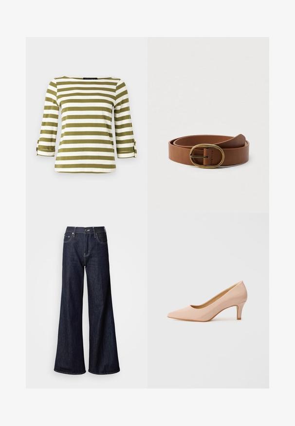 Haut rayé en vert olive et blanc, avec des manches trois-quarts munies de pattes de serrage et un col bateau. Tissu lisse et doux.; Jean à jambes larges en denim foncé, présentant une taille haute, cinq poches, des coutures blanches contrastantes et une texture lisse.; Chaussure à talon haut en vernis rose, à bout pointu et talon bas, présentant une finition lisse et brillante, avec une subtile découpe en V à l'avant.; Ceinture en cuir marron enroulée avec une boucle ovale en laiton, présentée sur un fond blanc uni.