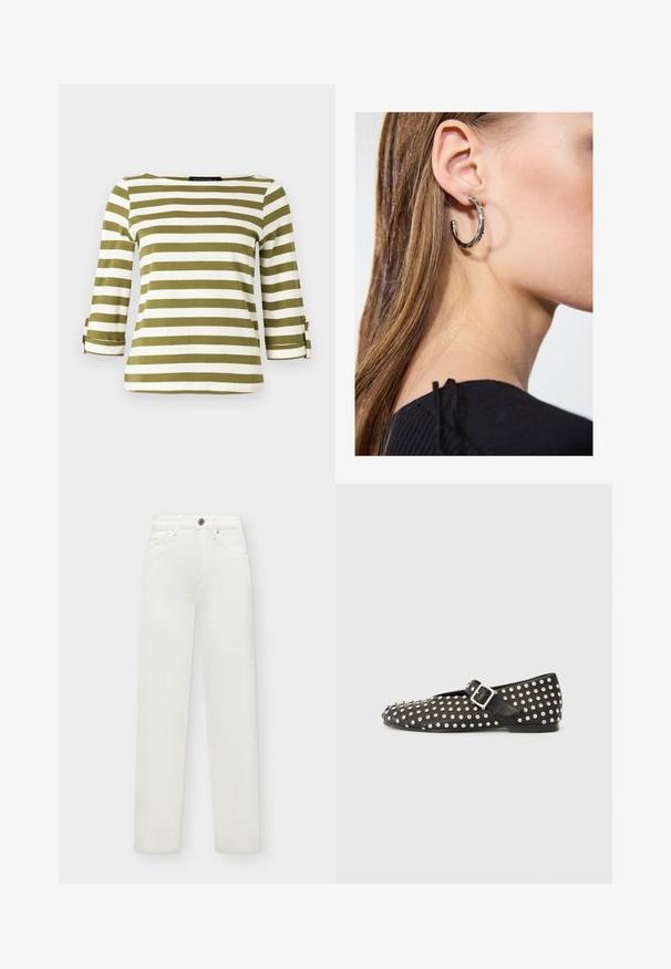 Gestreiftes Oberteil in Olivgrün und Weiß, mit dreiviertel Ärmeln und Aufschlag sowie einem Bootsausschnitt. Glatte, weiche Stoffstruktur.; Weiße High-Waist Straight-Leg Jeans aus Denim mit Knopfverschluss und Vordertaschen, vor schlichtem Hintergrund dargestellt.; Schwarzer Ballerina mit abgerundetem Zehenbereich, verziert mit silbernen Nieten. Verfügt über einen Riemen mit Schnalle über dem Rist. Glatte Textur, niedriger Absatz.; Silberne Creolen mit polierter Oberfläche, die kleine goldene Akzentdetails und eine runde Form aufweisen, am Ohrläppchen getragen.