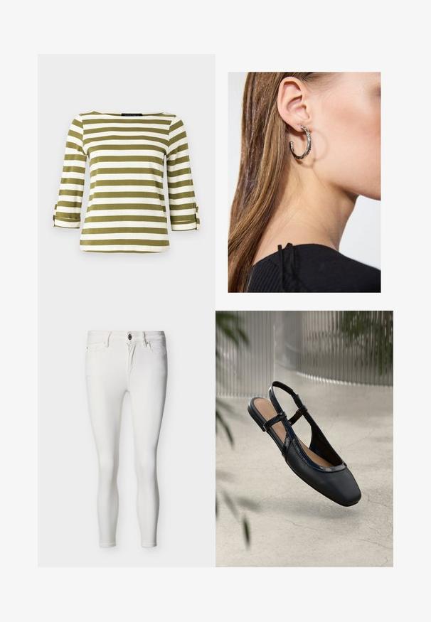 Haut rayé en vert olive et blanc, avec des manches trois-quarts munies de pattes de serrage et un col bateau. Tissu lisse et doux.; Jean blanc slim fit avec fermeture à boutons et fermeture éclair, poches avant et passants pour ceinture, présenté sur un fond neutre.; Chaussure plate slingback en cuir noir avec un orteil carré, dotée d'un fini verni brillant et de sangles ajustables pour un maintien sécurisé.; Boucle d'oreille en argent avec une finition polie, présentant de petits détails en or et de forme ronde, portée sur le lobe.