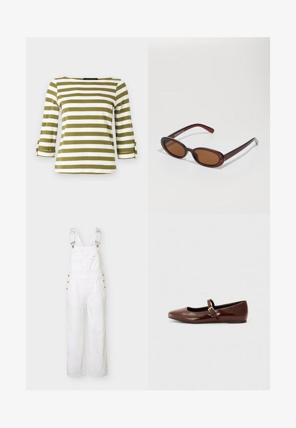 Haut rayé en vert olive et blanc, avec des manches trois-quarts munies de pattes de serrage et un col bateau. Tissu lisse et doux.; Salopette en denim blanc avec bretelles réglables, poche poitrine avant, boutons latéraux et jambes larges et droites, présentée sur un fond uni.; Ballerine en cuir verni marron avec un bout carré et une lanière ornée d'une petite boucle dorée. Texture lisse, talon bas et design minimaliste.; Lunettes de soleil rondes teinte brun avec une monture bordeaux brillante. Branches fines avec un détail de marque subtil. Design de verres plats.