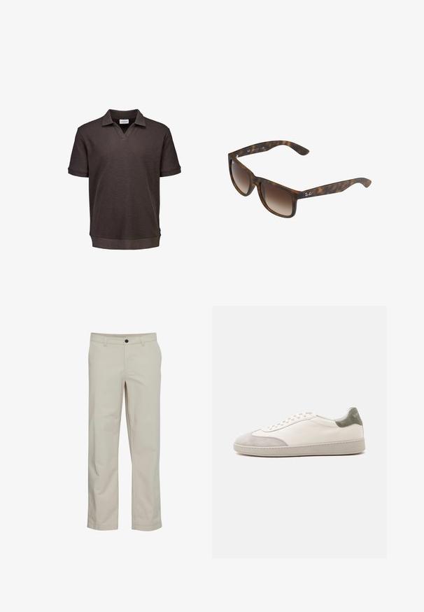 Polo de manga corta de color marrón oscuro con cuello en V y tejido ligeramente texturizado, mostrado sobre un fondo blanco.; Pantalones de algodón beige con diseño de pierna recta, bolsillos delanteros y cierre de un solo botón. Textura suave y detalles mínimos de costuras.; Zapatilla blanca de caña baja con detalles de ante gris claro en la puntera y el talón, cordones blancos y una suela plana beige, vista desde el lado exterior.; Gafas de sol de carey con lentes marrones degradados, forma rectangular, montura gruesa y un acento de logo plateado en el lateral.