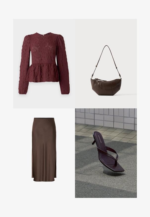 Burgunderfarvet peplum-top i tekstureret blonde, med lange ærmer, høj hals og en subtil plisseret talje. Lynlås Lukning i ryggen.; Brun satin nederdel med et lige design, der har sideslids for let bevægelse og en glat tekstur gennem stoffet.; Mørkebrune sandaler med hæl, firkantet tå og tynde stropper svævende over tekstureret fortov nær flisevæg.; Brun læder skuldertaske med buet bund og justerbar rem mod en ensfarvet lys baggrund.
