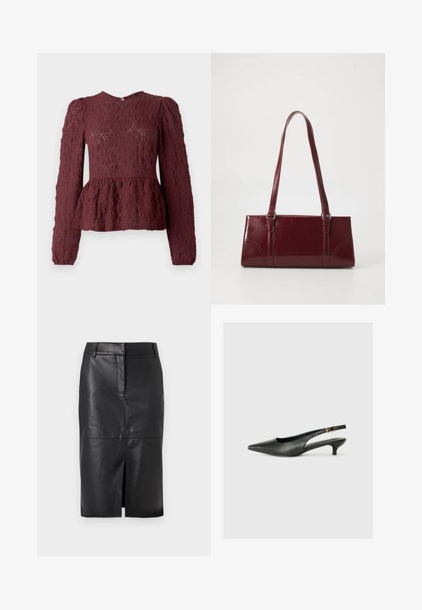 Burgunderfarvet peplum-top i tekstureret blonde, med lange ærmer, høj hals og en subtil plisseret talje. Lynlås Lukning i ryggen.; Sort læder blyantskørter med en forslidser, der har en glat tekstur, to sidelommer og en tætsiddende silhuet.; Sorte spidse slingback-sko lavet af glat læder. Har en tynd hæl og en spænde detalje på den justerbare rem.; Bordeaux håndtaske lavet af glansfuldt materiale, rektangulær form, med to skulderremme og subtile buede detaljer på forsiden.
