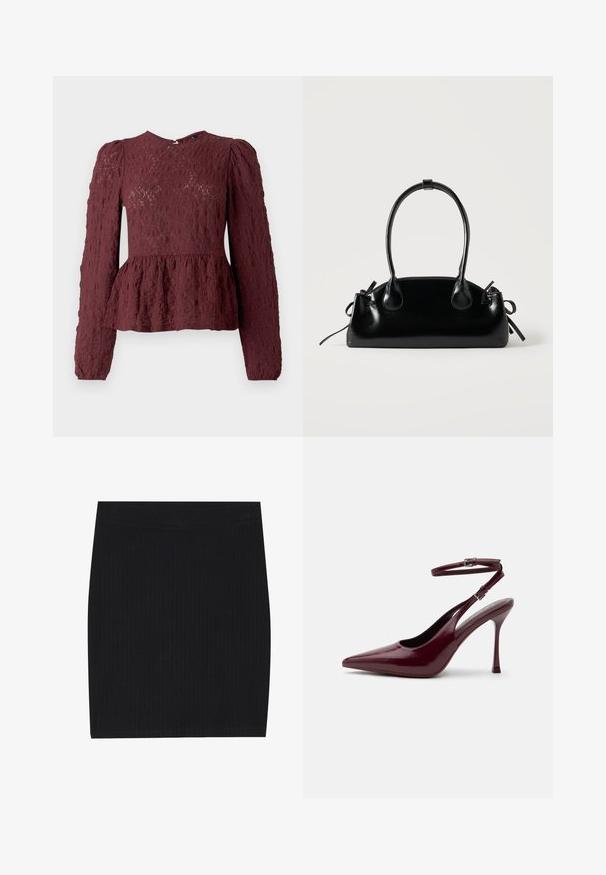 Burgunderfarvet peplum-top i tekstureret blonde, med lange ærmer, høj hals og en subtil plisseret talje. Lynlås Lukning i ryggen.; Sort ribbet strikket mini nederdel med et tætsiddende design, glat tekstur og en elastisk talje for komfort.; Blank bordeaux spids tå højhælet sko med ankelrem og spænde, tynd stilet hæl, sidevisning på ensfarvet baggrund.; Lille sort blank håndtaske med to lange håndtag og snøre-detaljer i siden på en ensfarvet lys baggrund.