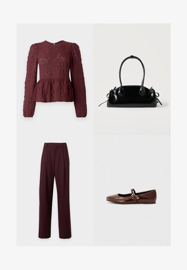 Burgundská peplum blúzka vyrobená z textúrovanej čipky, s dlhými rukávmi, vysokým golierom a jemne plisovaným pásom. Zapínanie na zips na chrbte.; Tmavohnedé, na mieru šité nohavice s vysokým pásom, rovnými nohavicami a pútkami na opasok, zobrazené na jednoduchom svetlom pozadí.; Hnedé lakované baletky s hranatou špičkou a pásikom s malou zlatou prackou. Hladká textúra, nízky podpätok a minimalistický dizajn.; Malá čierna lesklá kabelka s dvoma dlhými rúčkami a bočnými šnúrkovými detailmi na jednoduchom svetlom pozadí.