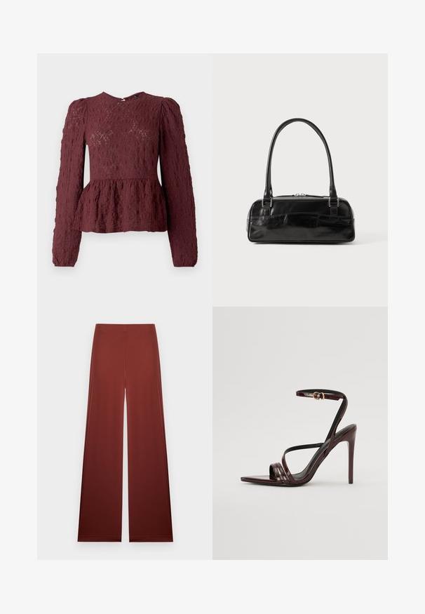 Bordeaux peplum top van textuurkant, met lange mouwen, een hoge hals en een subtiele geplooide taille. Ritssluiting aan de achterkant.; Recht gesneden broek met hoge taille in effen roestbruin, met een gladde tailleband zonder zichtbare sluitingen of zakken.; Bordeaux gepatineerde leren hoge hakken sandaal met een enkelbandje, puntige neus en drie horizontale banden over de voet. Details met gouden gesp.; Zwarte leren handtas met een rechthoekige vorm, voorzien van een enkele gestructureerde handgreep, zilveren hardware en ritsluiting. Gladde textuur.