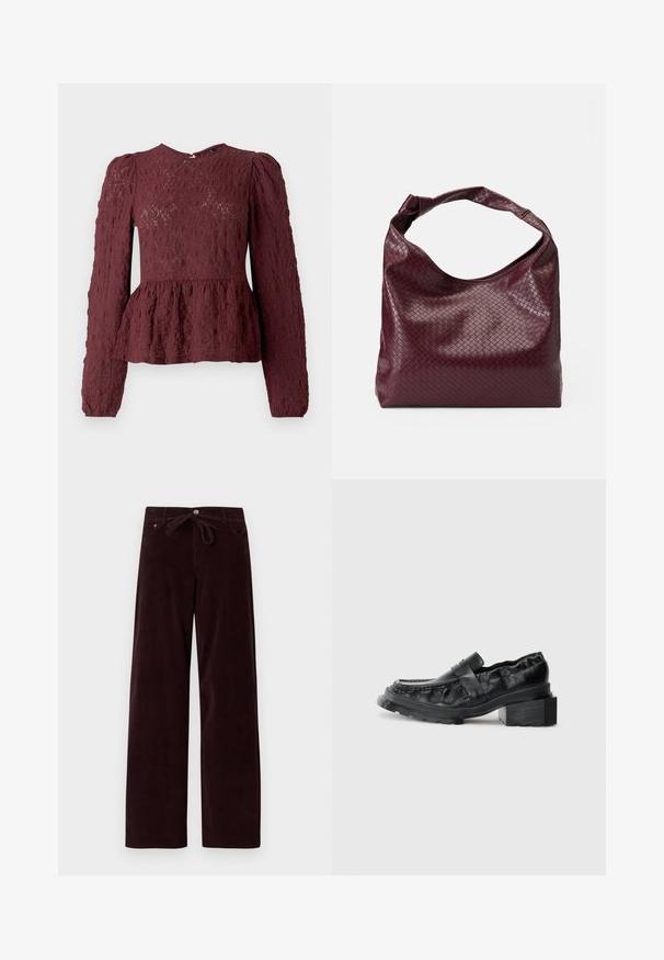Burgunderfarvet peplum-top i tekstureret blonde, med lange ærmer, høj hals og en subtil plisseret talje. Lynlås Lukning i ryggen.; Mørkeburgunder corduroy-bukser med en løs pasform, der har bånd i taljen og forlommer. Teksturen er ribbet, og stoffet ser blødt ud.; Sorte læderloafers med en struktureret sål, der har en let forhøjet blokhæl og en tekstureret overdel, sikret med en frontrem.; Burgunderfarvet taske med et tekstureret, vævet mønster, blødt lædermateriale og et enkelt, knyttet håndtag. Rummeligt, hobo-stil design.