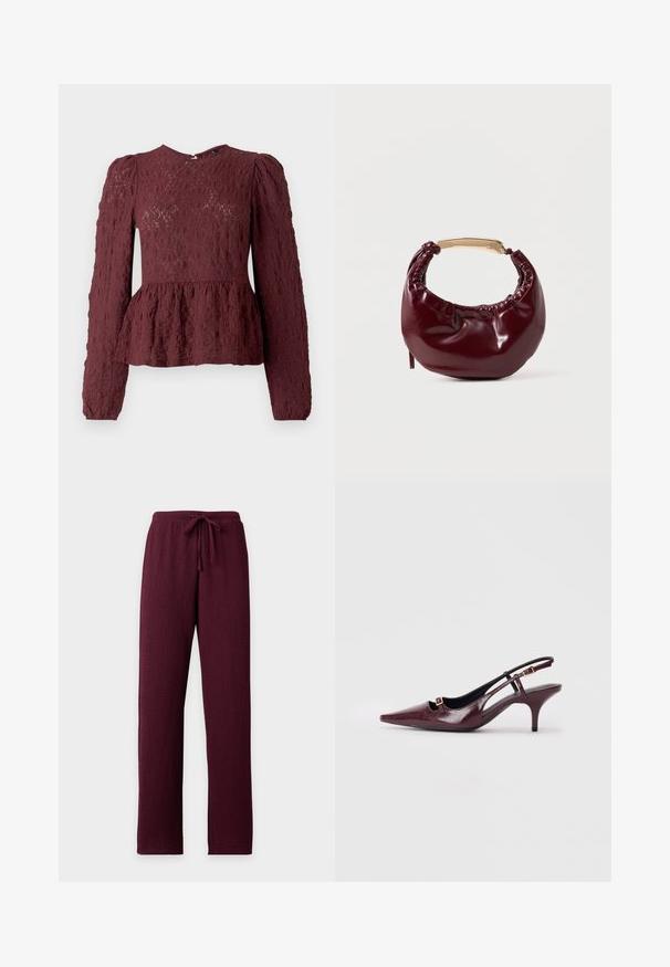 Top peplum bourgogne en dentelle texturée, doté de manches longues, d'un col haut et d'une taille plissée subtile. Fermeture éclair dans le dos.; Pantalon bordeaux texturé avec jambes droites et taille élastique munie d’un cordon de serrage assorti.; Talons aiguilles bordeaux à bride arrière avec un bout pointu, finition en cuir brillant, petite découpe à l'avant et un talon stiletto fin avec des accents dorés.; Sac à main en simili cuir bordeaux avec une forme arrondie, des détails froncés et une anse en métal doré. Texture lisse et finition brillante.