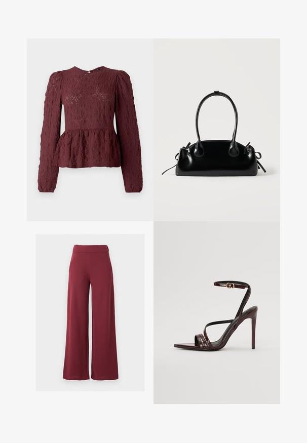 Burgundská peplum blúzka vyrobená z textúrovanej čipky, s dlhými rukávmi, vysokým golierom a jemne plisovaným pásom. Zapínanie na zips na chrbte.; Dámske nohavice s vysokým pásom a širokými nohavicami v tmavočervenej farbe so zapracovanými bočnými vreckami, zobrazené na jednoduchom svetlosivom pozadí.; Burgundské lakované kožené sandále na vysokom opätku s remienkom okolo členka, špicatou špičkou a tromi horizontálnymi popruhmi cez chodidlo. Zlatý sponkový detail.; Malá čierna lesklá kabelka s dvoma dlhými rúčkami a bočnými šnúrkovými detailmi na jednoduchom svetlom pozadí.
