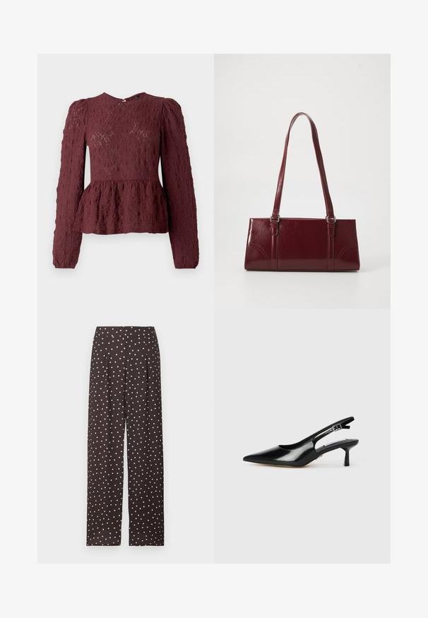 Bordeaux peplum top van textuurkant, met lange mouwen, een hoge hals en een subtiele geplooide taille. Ritssluiting aan de achterkant.; Zwarte wijde broekspijpen met witte polka dots, hoge taille en plooien onder de tailleband.; Zwarte gepatineerde leren slingback hakken met een spitse neus, dunne hak en verstelbare gespstrap. Gladde textuur met minimale details.; Bourgondische handtas van glanzend materiaal, rechthoekige vorm, met twee schouderbanden en subtiele gebogen accenten aan de voorkant.